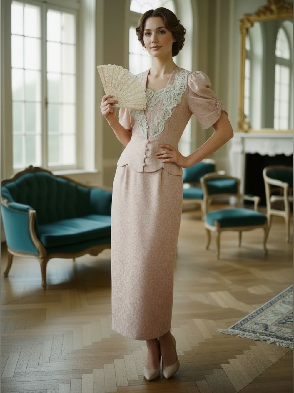 VTG 80s SCOTT MCCLINTOCK BLUSH PINK BROCADE PEPLUM JACKET & SKIRT SET LACE SZ 8